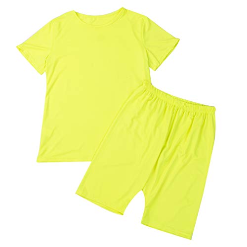 Womens 2Pcs Yoga Gym Short Sleeve T Shirt Tops Biker Workout High Waist Shorts Tracksuit Sports Outfit (S, Yellow) #TOP1