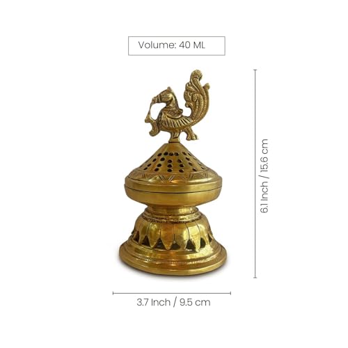 Image of ExclusiveLane 'Sacred Peacock' Brass Incense Burner (100% Pure Brass, 15.6 Cm, 0.98 Kg, Hand-Etched) | Sambrani Holder Loban Dhoop Dani Holder Dhoop Dani Loban Burner Stand
