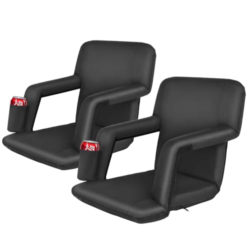 LEMY 5 Reclining Positions Adjustable Stadium Seat for Bleachers Portable Water Resistant Stadium Chair with Back/Arms/Cushion for Outdoor or Indoor(2 PCS, Black)