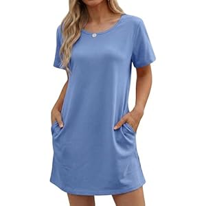 Marvmys Cotton Nightgowns for Women Short Sleeve Sleep Shirt Summer Nightshits with Pockets S-3XL Large Blue