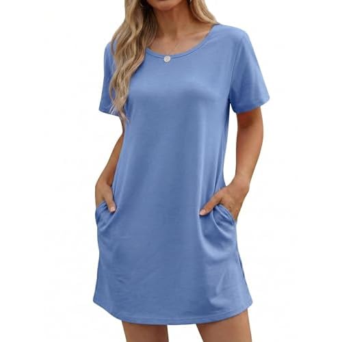 Marvmys Cotton Nightgowns for Women Short Sleeve Sleep Shirt Summer Nightshits with Pockets S-3XL Large Blue