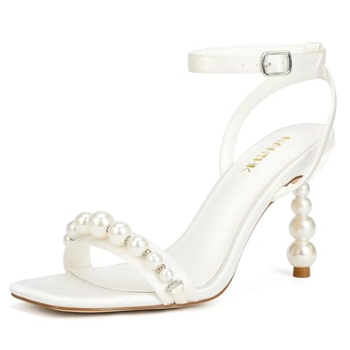 Women’s Heeled Sandals Pearl Wedding Shoes for Bride Open Toe Bridal Shoes Strappy Wedding Heels