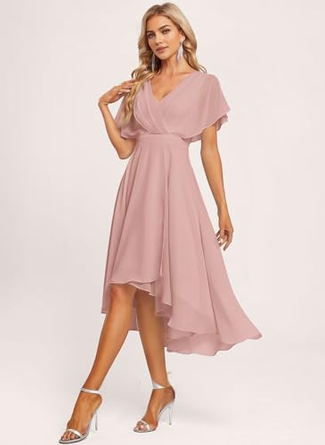 SNOWROSE Short Bridesmaid Dresses for Women V Neck Ruched Chiffon Formal Dress Wedding Party Gowns with Ruffled Sleeve2