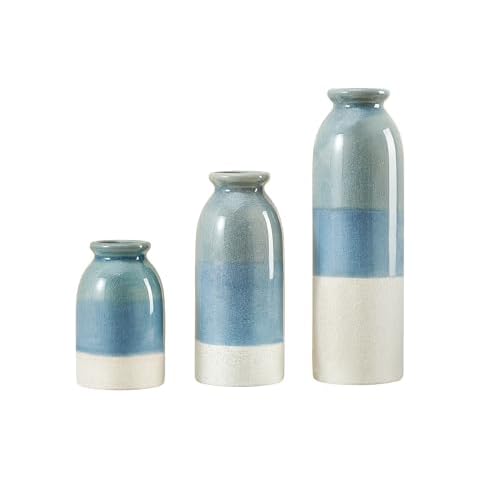OTARTU Blue Ceramic Vase 3 Sets,Farmhouse Vase for Country Home Decoration, Vase for Tabletop Decor, Bookcase, Fireplace and Entrance Decoration (Blue) Cover