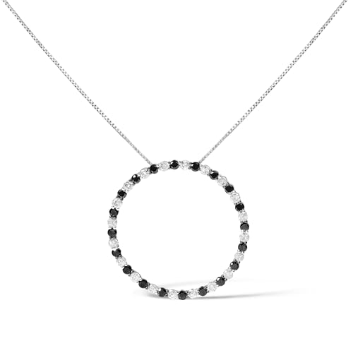 .925 Sterling Silver 2.0 Cttw Alternating Black and White Diamond Open Hoop Circle Pendant Necklace (H-I Color, I2-I3 Clarity) - 18" Inches