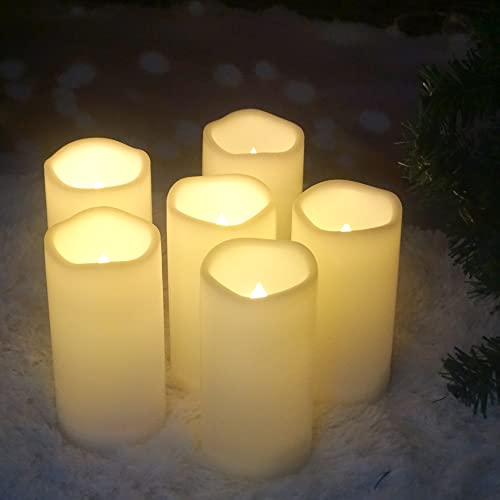 Image of CANDLE CHOICE Waterproof Outdoor Battery Operated Flameless Candles Remote Timer Ivory Plastic Realistic Flickering Fake Electric LED Pillars Lantern Garden Wedding Christmas Decorations 3 inchx6 inch 6 Pack