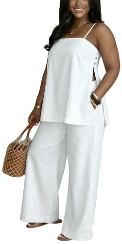 Plus Size Summer Outfits for Curvy Women Tops and Wide Leg Pants Sets Club Outfits Sexy Clubwear White XL