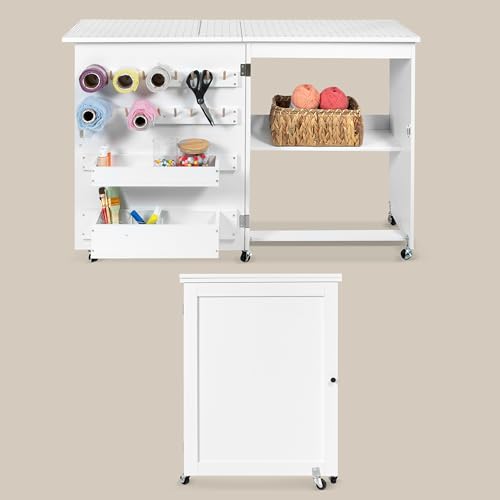 Crutello Sewing Table and Folding Craft Table with Storage for Adults - 46 inch Fold Out Grid Top Crafting Desk for Fabric Cutting Quilting & Hobby