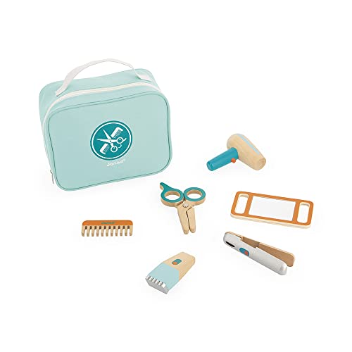 Janod - Hairdresser's Case - Pretend Play Occupational Toy - 6 Wooden Accessories Included - Boosts The Imagination - Water-Based Paints - 3 Years + J06549