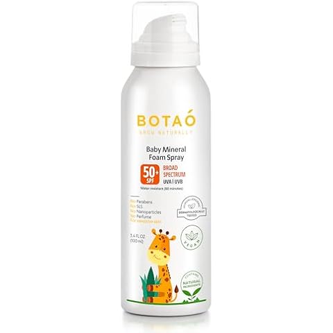 BOTAO Baby’s 100% Mineral Zinc Oxide Sunscreen Foam Spray, safe natural sensitive skin sunblock Babies or Toddlers: SPF50 Broad Spectrum UVA UVB, Sunburn Protection, 3.4 Oz (1-Pack) Cover