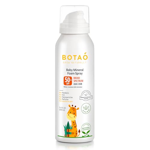 Image of BOTAO Baby’s Mineral Sunscreen Foam Spray: SPF50 Broad Spectrum UVA UVB, Babies or Toddlers Sunburn Protection, Zinc Oxide, 3.4 Oz (1-Pack)