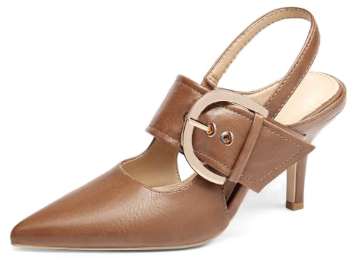 Image of Coutgo Womens Slingback Pumps Closed Pointed Toe High Heels Belt Buckle Strap Dressy Work Shoes