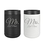 Mr and Mrs Can Custom Personalized Last Name Cooler Stainless Steel Laser Engraved Insulated Newlyweds Couples Wedding Hard Sided Beverage Holder Aluminum Can or Glass Bottle