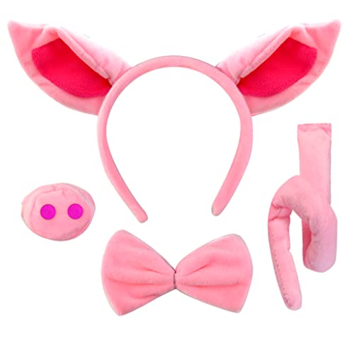 baotongle Schwein Kostüm Set Ohren Schwanz und Fliege Set, Rosa Tier Schwein Schweineohr Stirnband, Faux Schweineschnauze, Schwein zusammengerollter Schwanz, Fliege Halloween Cosplay Party Dekoration