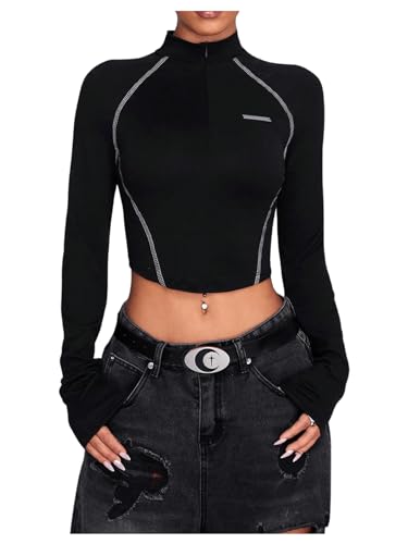 MakeMeChic Women's Y2k Mock Neck Half Zip T Shirt Long Sleeve Crop Tops Streetwear