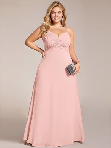 Image of Ever-Pretty Women's Chiffon Pleated Spaghetti Straps Sleeveless A Line Plus Size Bridesmaid Dresses Formal Gown Pink US14