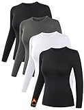 Dalavch 4 Pack Women’s Thermal Shirts, Women Fleece Lined Compression Long Sleeve Base Layer Tops for Winter Cold Weather 2 Black 1 Heather Gray 1 White Small