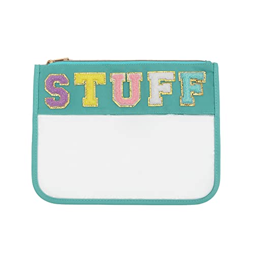 BCRMPT Chenille Letter Bag Clear Flat Pouch,Multi-purpose PVC&Nylon Clear Cosmetic Bags,Travel Makeup Bag With Zipper For Women and Children,Clear Pouches for Travel,Gym,Beach, Green-Stuff, Preppy