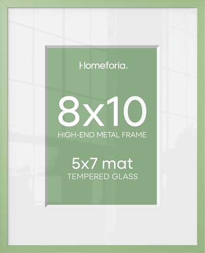 Image of Homeforia 8x10 Picture Frame Sage Green, High End Metal 8 x 10 Poster Frames with Mat 5 by 7 Art, 10x8 Thin Frame Matted to 7x5 Photo, 8by10 Wall or Tabletop Frames, Tempered Glass, Wall Kit, Set of 2