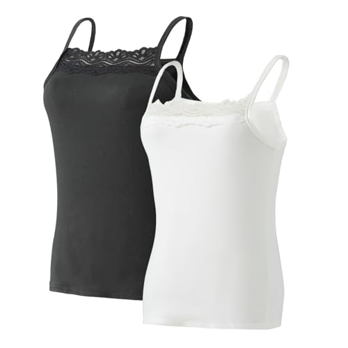 2 Pack Cotton Lace Camisole Tops for Womens Tank Tops Cami Undershirt with Flower Lace on Neckline3