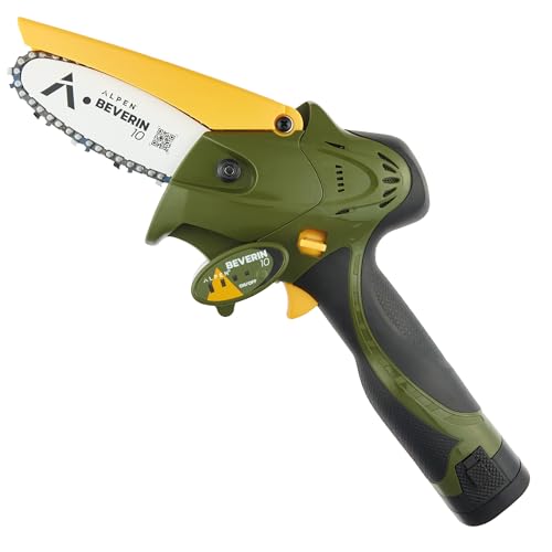 ALPEN Beverin 10 - Motosierra eléctrica inalámbrica 10 cm - Motor potente, 2 baterías de iones de litio 14,4 V, lubricación automática, kit de mantenimiento completo, maletín, cinturón, cargador de 3