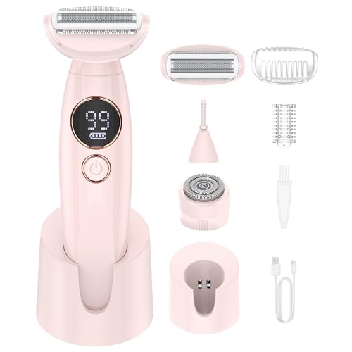 Rasierer Damen,3-In-1 Intimrasierer für Frauen,Gesichtshaarentferner für Frauen,Damenrasierer Elektrisch Nass-Trockenrasierer IPX7 Trimmer Damen,für Bikinizone Achseln Beine,USB-Aufladung,Rosa 1