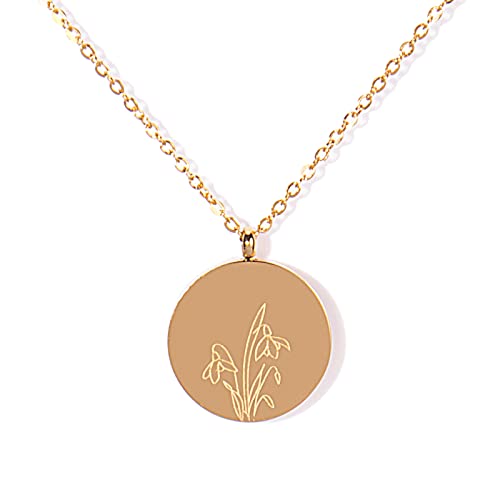 FANCY SHINY Birth Month Flower Necklace Dainty Gold Coin Necklace Engraved Stainless Steel Pendant Necklace for Women Gift for Her(January)