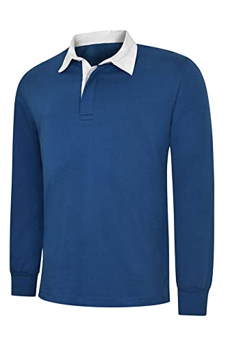 Men's Long Full Sleeve Classic Rugby Shirt Plain Cotton Casual Sports Work TOP (2XL, Royal)