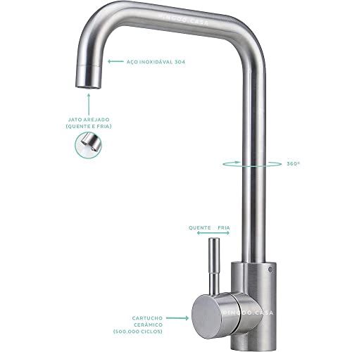 Pingoo.Casa, Torneira para Cozinha, Misturador Monocomando, Aço Inox 304, Escovado, Paraíba, Prata