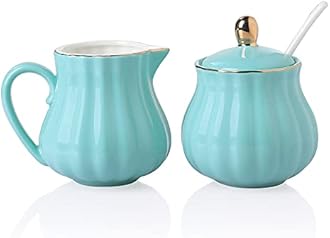 Sweejar Royal Ceramic Sugar and Creamer Set, 3 Piece Set with Cream Pitcher, Sugar Bowl, Sugar Set with Lid & Spoon, Coffee Serving Set Wedding Gift(Turquoise)
