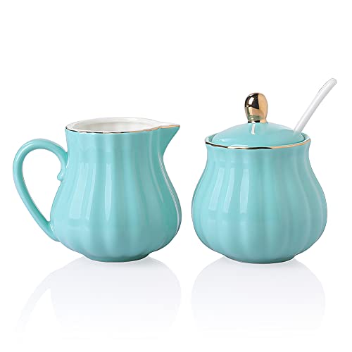 Sweejar Royal Ceramic Sugar and Creamer Set, 3 Piece Set with Cream Pitcher, Sugar Bowl, Sugar Set with Lid & Spoon, Coffee Serving Set Wedding Gift(Turquoise)