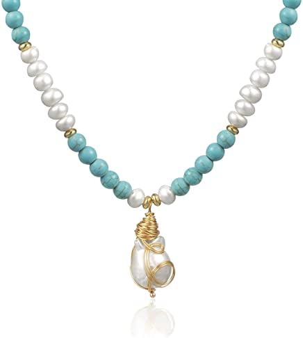 Cowlyn Baroque Pearl Pendant Necklace Turquoise Chain 18k Gold Wire Winding Handmade Bohemian Style Adjustable Charm Fashion Valentine Jewelry for Women Girl Mom