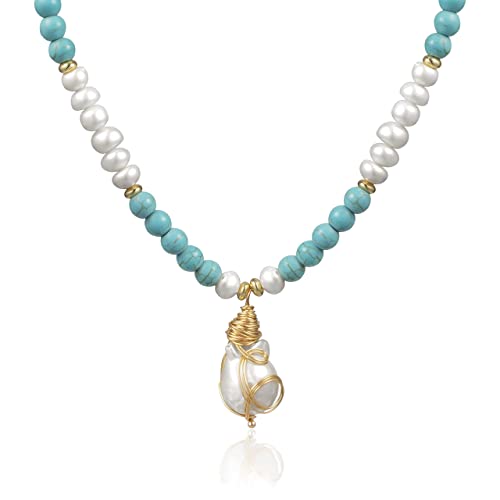 Cowlyn Baroque Pearl Pendant Necklace Turquoise Chain 18K Gold Wire Winding Handmade Bohemian Style Adjustable Charm Fashion Valentine Jewelry For Women Girl Mom #TOP29
