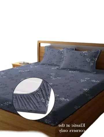 Image of Fitted (Elastic) Cotton Double Bedsheet with 2 Pillow Covers Print 24 Nblue,Double