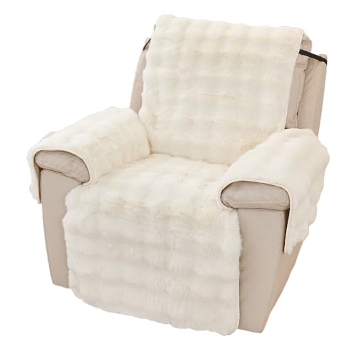 NUODWELL Thick Rabbit Plush Recliner Chair Cover, Super Soft Faux Fur Armchair Slipcover, Non Slip Washable Furniture Protector Cover with Tightening Straps for Kids and Pets (Beige)