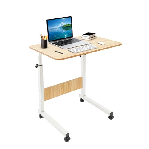Escritorio de altura ajustable de 70 – 90 cm, mesa portátil para portátil con ruedas y freno, mesa auxiliar plegable para sofá, cama, oficina en casa, tablero de fibra de densidad media, hierro blanco