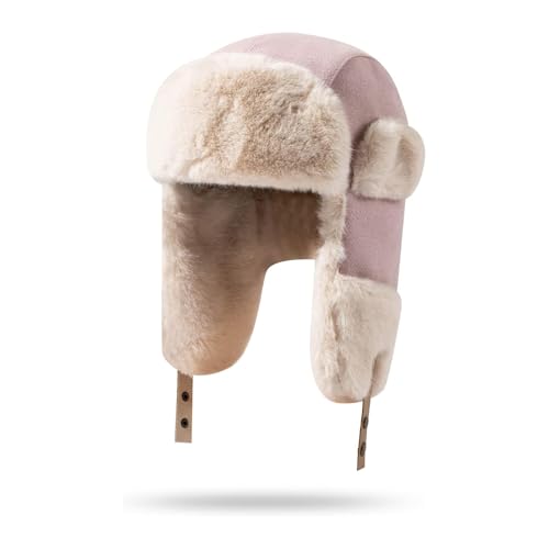 NLAND Winter Fliegermütze mit Ohrklappen Russische Mütze für Herren und Damen Winddichte Kunstfellmütze Zum Skifahren,Rosa Einheitsgröße