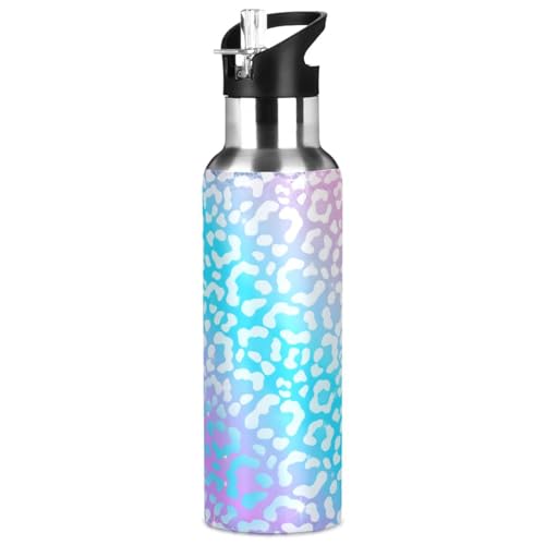 ALAZA Leopard Print Rainbow Cheetah Water Bottle with Straw Lid Vacuum Insulated Stainless Steel Thermo Flask Water Bottle 20oz