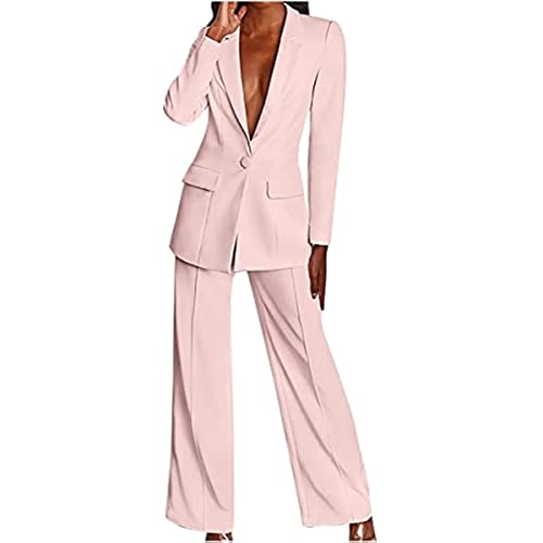 ELizoop Abito Donna Business A Maniche Lunghe, Abiti Lunghi Solidi Eleganti Con Blazer, Set Di Pantaloni Casual A Gamba Larga Top Da Donna Per Ufficio (Rosa,M)