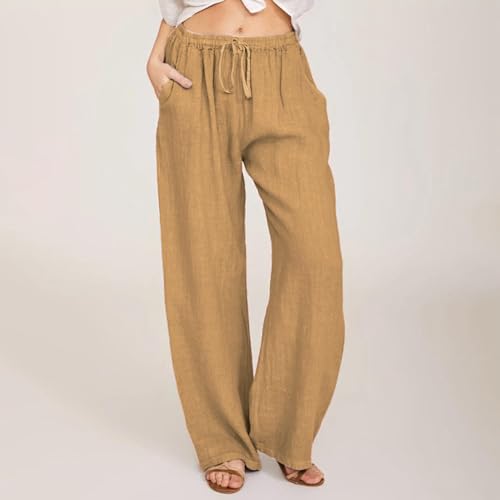 KIKX0DE Women's Fashion 2025 Linen Pants Summer Casual Wide Leg Loose Drawstring Trousers with Pockets2