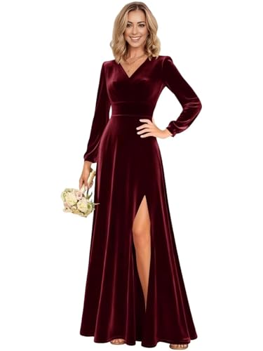 Burgundy Velvet Long Sleeve V Neck High Slit Winter Dress