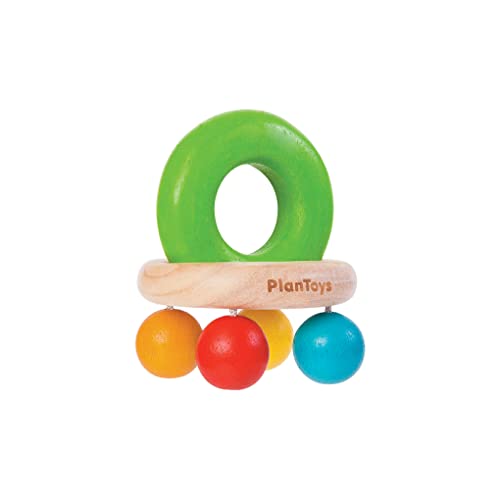 Image of PlanToys (5213) Wooden Bell Rattle and Teether Baby Toy Sustainably Made from Rubberwood and Non-Toxic Paints and Dyes