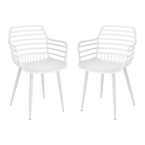 JIJIAN Esszimmerstühle 2er Set, Armlehnenstühle aus PP-Kunststoff mit Metallbeinen, Moderner Freizeitstuhl für Esszimmer, Wohnzimmer, Hof und Garten, Weiß