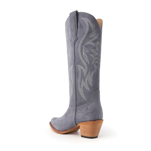 Image of KaroNairy Women Cowboy Boots Faux Suede Embroidered Pointed Thick Heeled Western Wide Calf Cowgirl Ponited Toe Mid Calf Boots