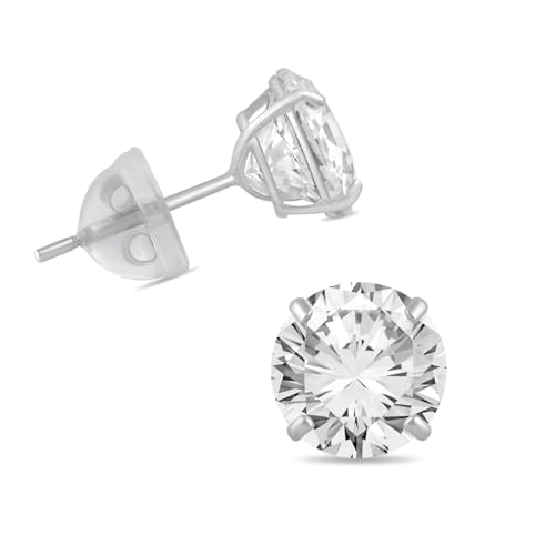 Jewelili 10K White Gold 7MM Round White Cubic Zirconia Stud Earrings for Women | Classic Jewelry with Gift Box | Timeless Fashion Jewelry Gift for Her | Dainty Earrings