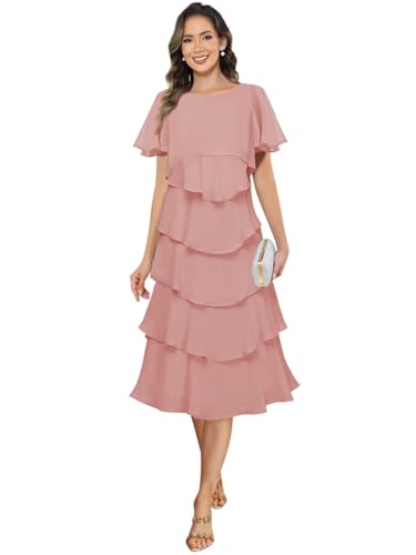 Chiffon Mother of The Bride Dresses Ruffle Short Sleeves Layered Evening Gown Crew Neck Formal Dress for Wedding