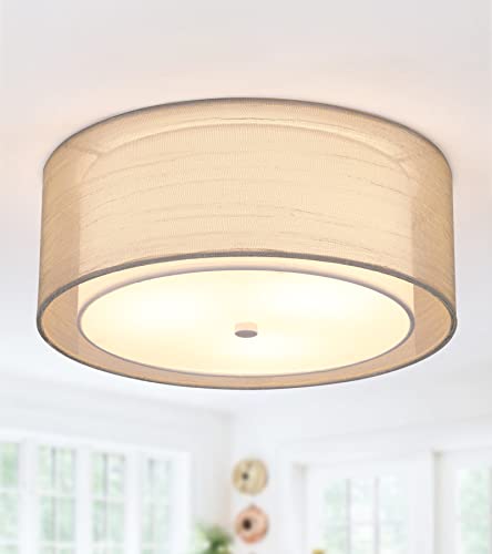 Modern Flush Mount Ceiling Light Drum Light Fixtures with Double Fabric Shade 3-Lights Close to Ceiling Lamps for Bedroom Hallway Entryway Foyer Stairway Kitchen Dining Room
