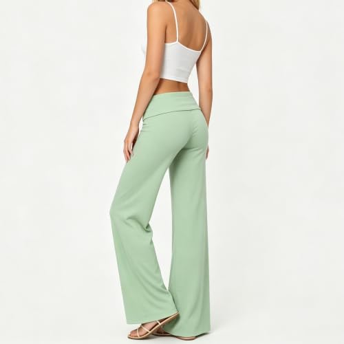 Image of Lounge Yoga Pants for Women Fold Over Low Waist Wide Leg Bell Bottoms | Y2K Foldover Pants, Flare Leggings, Low Rise Yoga Sweatpants