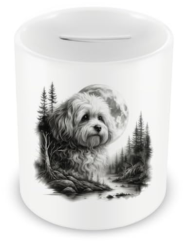Samunshi® Spardose mit dem Motiv Bolonka Zwetna im Wald - Spardose für Bolonka Zwetna Fans Sparschwein mit Hunde Motiv Sparbüchse Cash Money Geld weiß 330ml
