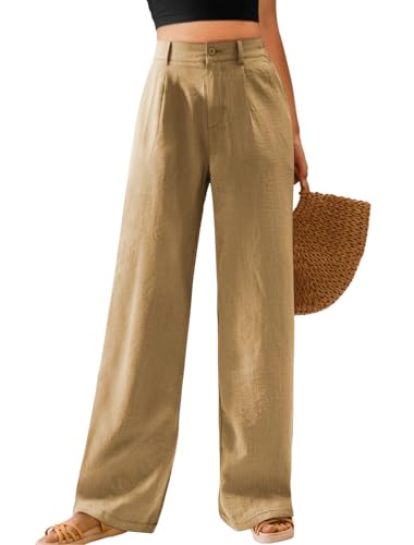 Image of Feiersi Womens Casual Wide Leg Pants High Waisted Button Down Straight Long Trousers Palazzo Pants